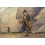 Elijah Albert Cox (British, 1876-1955). Tramp and his dog on a country road, watercolour, Signed,