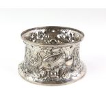 George V Irish silver potato ring, with pierced and embossed decoration of, swans, other birds,