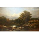 19th century, English School, 'The Stepping Stones', figure in a landscape crossing a river,