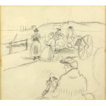 Jules Pascin (Bulgarian / American, 1885-1930). 'Femmes Sur Le Port', pencil and wash, stamped
