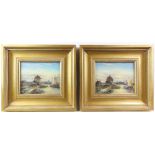 R. Wallis, 20th century, pair of river scenes with boats and buildings, signed, oil on board, 19cm x