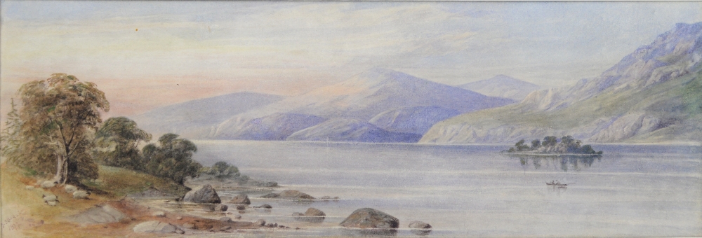 W Searle, Scottish loch scene, watercolour, signed and dated 1877 (11.5 x 33.5cm)