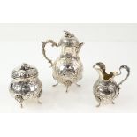 19th century Continental silver three-piece bachelor's tea service, comprising teapot, sugar bowl