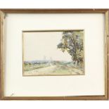 20th century English School, view of a cathedral along a country track, watercolour, 14.5cm x 20.