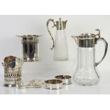 Mappin & Webb engraved glass claret jug with silver plated mounts, slice cut water jug, two bottle