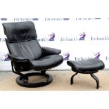 AMENDED DESCRIPTION Stressless Danish black leather lounge chair with adjustable table, H102 x