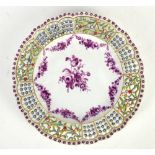 19th century Meissen plate with pierced border, decorated and gilded with flowers, marked to base
