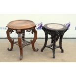 Chinese hardwood stand the top inset with a marble panel with beaded border with carved legs with