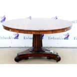 19th century rosewood round breakfast table on column support on trefoil base and scroll feet on