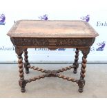 18th century style carved oak side table with barley twist legs united by stretchers, H76 x W90 x