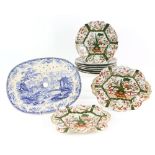 Early 19th C Masons ironstone dessert service, with lobed serving dishes, design of plant in a
