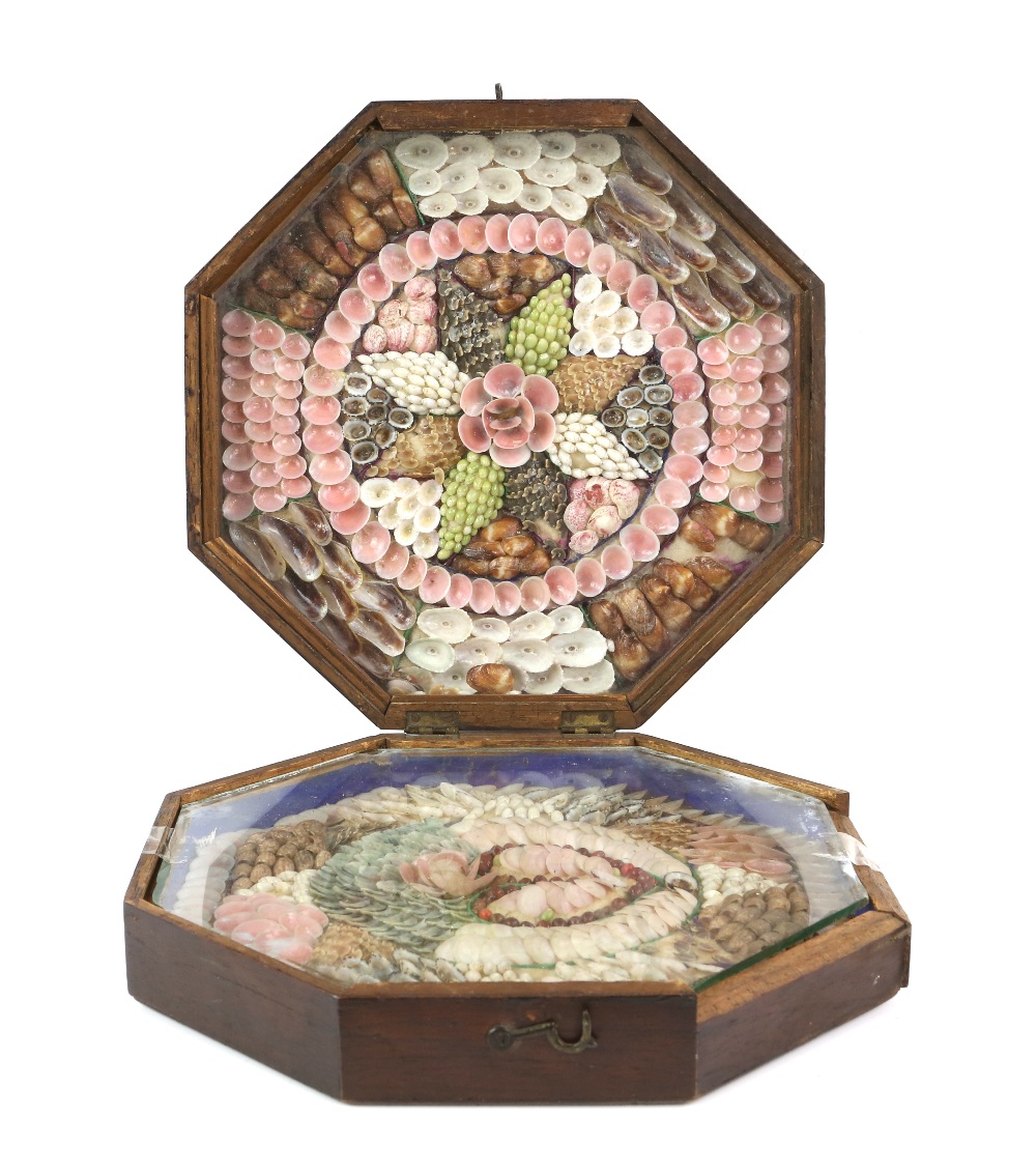 Late 19th century sailors valentine in a folding octagonal box frame , one side decorated in shell - Image 2 of 2