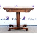 George IV rosewood fold over card table, on octagonal support and quadriform base with bun feet