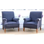Pair of 19th century blue upholstered tub armchairs on castors. 92H x 75W x 72D.