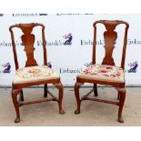 Pair of Queen Anne style mahogany dining chairs with drop in seats, and vase shaped splat backs,