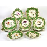 19th century porcelain part dessert service, with green ground border and gilt shaped borders,