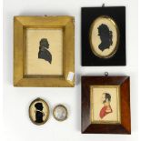 Early 19th century portrait miniature of an officer, 4cm, three silouettes and a portrait of a young
