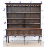 18th century and later oak dresser with three tier plate rack over three drawers, H218 x W190 x