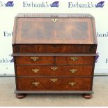 George III walnut bureau, the fall front with fitted interior with 2 short over 2 long graduated