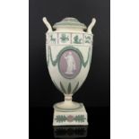 Wedgwood tri-colour Jasperware urn decorated with signs of the Zodiac, lacking finial, h24cm
