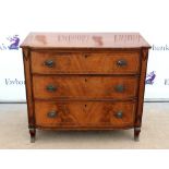 19th century Continental mahogany bow fronted chest of three gradated drawers with crossbanded