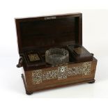 Rosewood Regency tea chest of sarcophagus form with mother of pearl inlay, ring handles, on bun