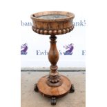 19th century rosewood teapoy converted into a garden planter with metal bowl, with turned