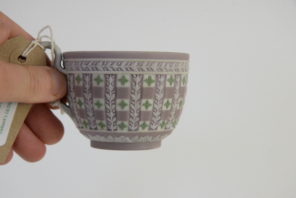 Wedgwood tri-colour Jasper Dip Diceware Cup and Saucer, late 19th century, lilac ground with applied - Image 6 of 7