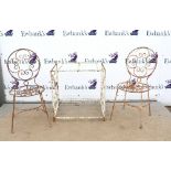 Pair of Victorian painted metal garden chairs and table with spiral details. H65 x w64 X D48