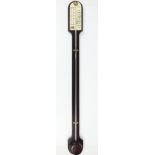Mahogany stick barometer with visible mercury tube and enclosed bulb, separate thermometer and