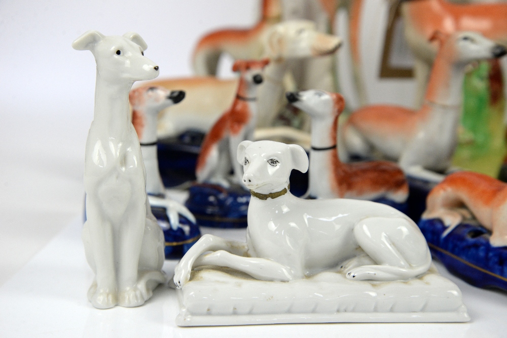 Collection of over 20 Staffordshire dogs and sheep, mainly greyhounds, tallest 27cm high - Image 12 of 15