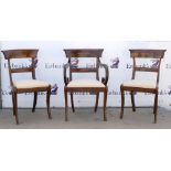 Set of eight Regency mahogany dining chairs with floral inlay, on sabre legs, together with two