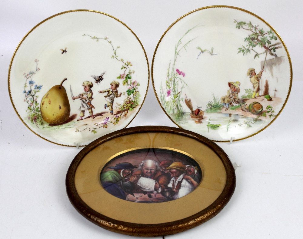 Pair of Minton's aesthetic movement plates 24cm, and an enamelled plaque Duty of Tea, Tobacco,