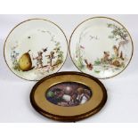 Pair of Minton's aesthetic movement plates 24cm, and an enamelled plaque Duty of Tea, Tobacco,