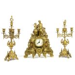 Italian 'Imperial' reproduction gilt metal clock and garniture set, the clock with two lovers