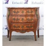 Reproduction marquetry inlaid and gilt metal mounted bombe commode with marble top, with three