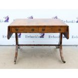 19th century rosewood sofa table with two drawers (two faux) on splayed legs with crossbanded inlaid