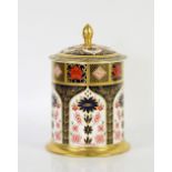 Royal Crown Derby Imari pattern no 1128 biscuit barrel of cylindrical form, cover with gilt