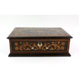 Rosewood and marquetry box, 32cm x 22cm x 11cm brass and mother of pearl inlaid tea caddy, 15cm x