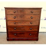 Late 19th century mahogany chest with fall front drawer above 4 graduated drawers on bun feet.
