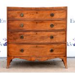 19th century mahogany bow fronted chest of four long graduating drawers, on splayed bracket feet,