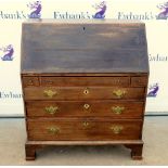 Late 18th century oak bureau, the fall front over three short and two long drawers on bracket