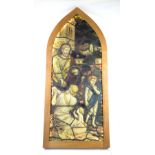 Victorian stained glass window panel depicting Jesus handing out loaves, in arched oak frame, backed