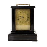 Early 20th century black lacquered three glass mantel clock, the two train movement signed Volk,
