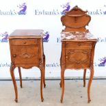 Two similar French oak bedside pot cupboards, one with marble top, above a drawer and cupboard on