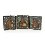 Russian triptych of the Deisis in metal case embellished with enamels, 7cm x 18cm open.