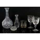 Eight Stuart crystal wine goblets, other cut glass whisky tumblers, decanters, jugs and other