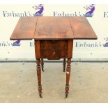 19th century mahogany Pembroke work table with two short drawers above a sewing basket on turned