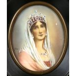 Portrait miniature of an aristocratic young woman with headdress and necklace, signed Silver, 8.