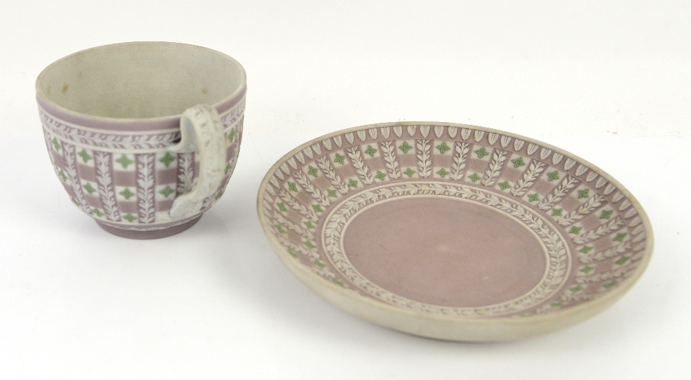 Wedgwood tri-colour Jasper Dip Diceware Cup and Saucer, late 19th century, lilac ground with applied - Image 2 of 7